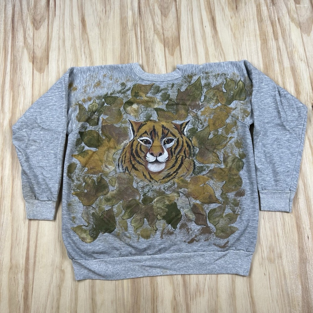 Vintage 80s Women's Small Gray Hand Painted Tiger Crewneck Sweatshirt Retro